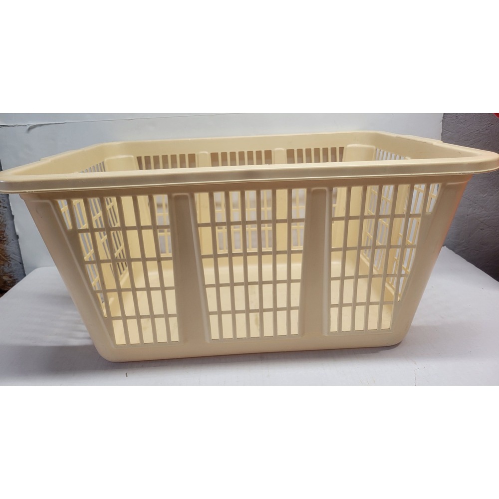 Vintage Cream Plastic Laundry Basket Rectangular Ventilated Storage Bin 23x17x10